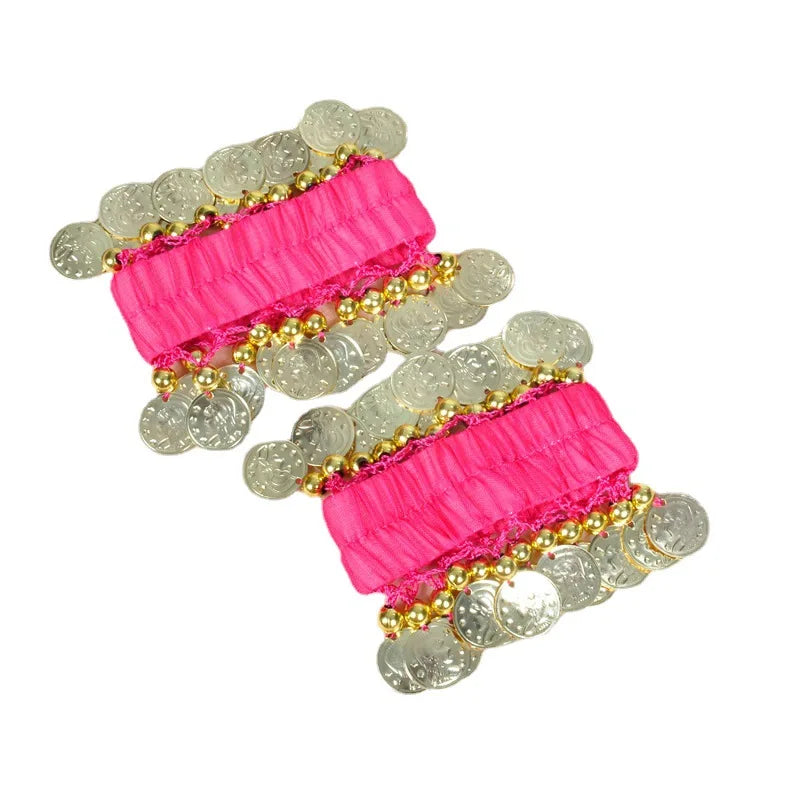 1 Pair Belly Dance Wrist Ankle Cuffs Bracelets Chiffon Gold Coin Belly Dance Costume Accessory Valentine's Day Gift Jewelry