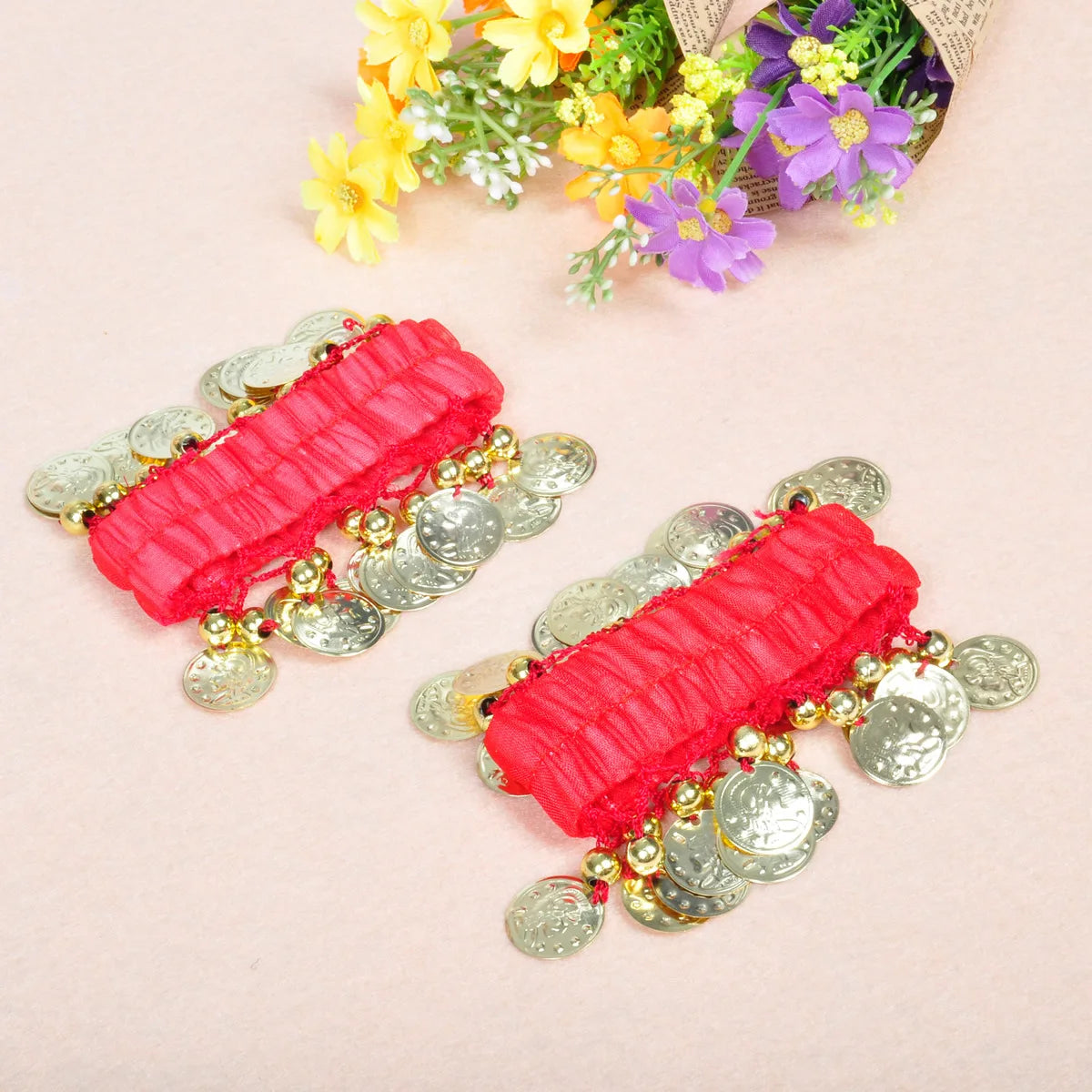 1 Pair Belly Dance Wrist Ankle Cuffs Bracelets Chiffon Gold Coin Belly Dance Costume Accessory Valentine's Day Gift Jewelry