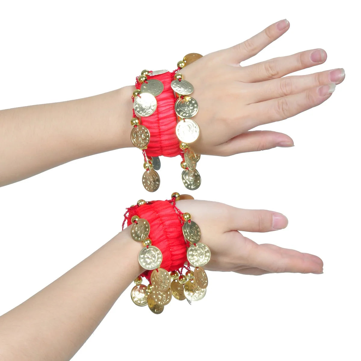 1 Pair Belly Dance Wrist Ankle Cuffs Bracelets Chiffon Gold Coin Belly Dance Costume Accessory Valentine's Day Gift Jewelry