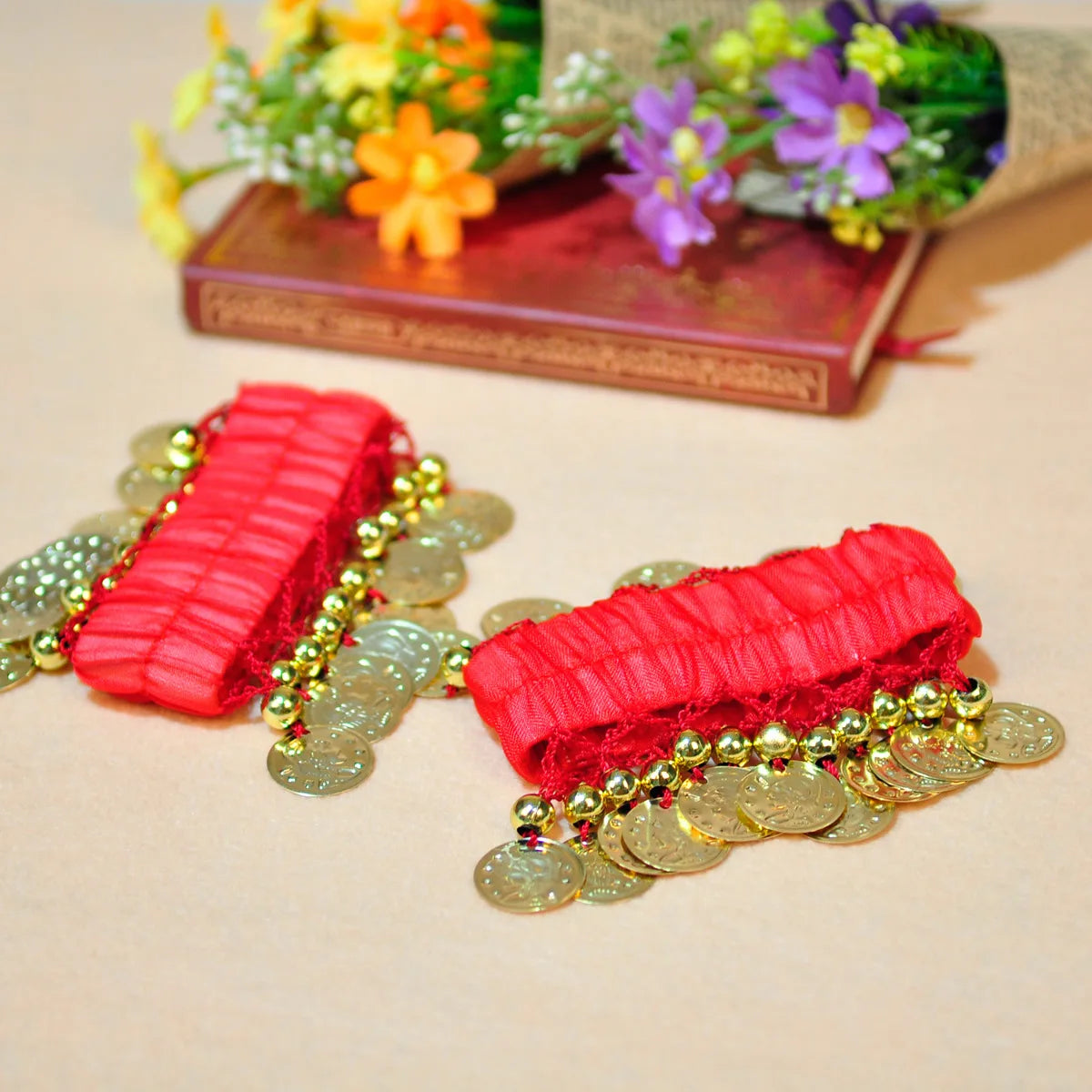 1 Pair Belly Dance Wrist Ankle Cuffs Bracelets Chiffon Gold Coin Belly Dance Costume Accessory Valentine's Day Gift Jewelry