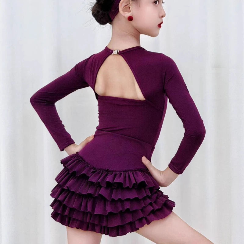2025 Autumn Winter Latin Dance Dress Clothes Purple Long-sleeved for Girls Practice Clothes Cha-cha Samba Skirt Training Costume