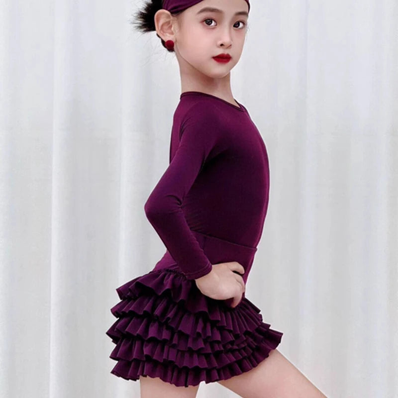 2025 Autumn Winter Latin Dance Dress Clothes Purple Long-sleeved for Girls Practice Clothes Cha-cha Samba Skirt Training Costume