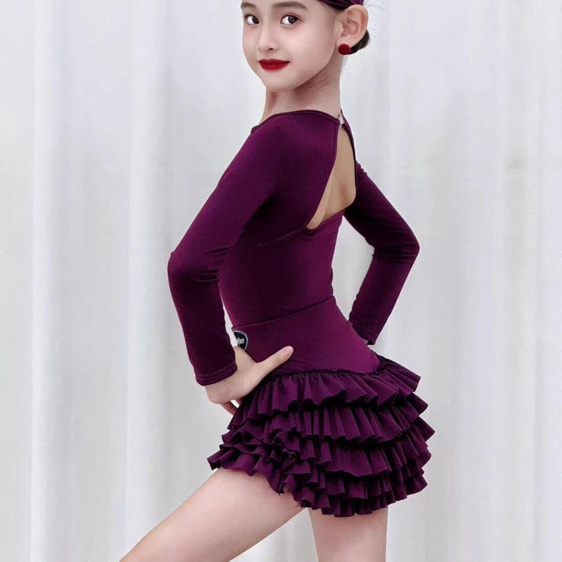 2025 Autumn Winter Latin Dance Dress Clothes Purple Long-sleeved for Girls Practice Clothes Cha-cha Samba Skirt Training Costume