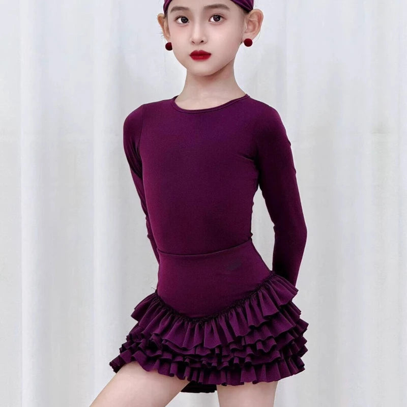 2025 Autumn Winter Latin Dance Dress Clothes Purple Long-sleeved for Girls Practice Clothes Cha-cha Samba Skirt Training Costume