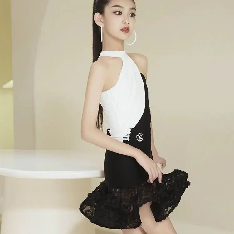 2025 Fashion Kids Professional Latin Dance Dresses for Girls Halter Latin Dance Performance Dress Samba Salsa Rumba Dance Wear