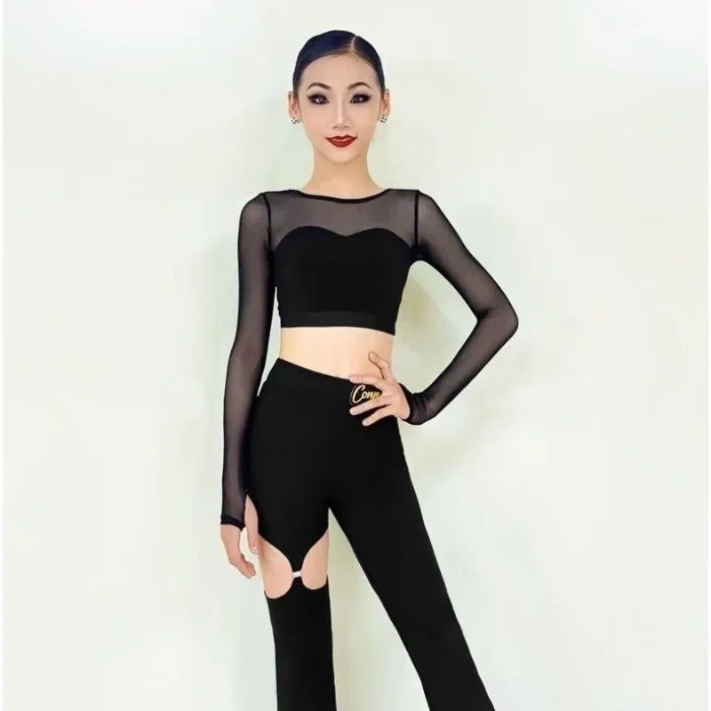 2025 Latin Dance Set Girls Black Long-sleeved Top Hollowed Out Bell-bottom Pants Moden Dance Cha Cha Samba Training Performance