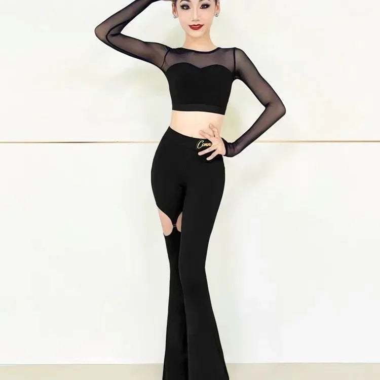 2025 Latin Dance Set Girls Black Long-sleeved Top Hollowed Out Bell-bottom Pants Moden Dance Cha Cha Samba Training Performance