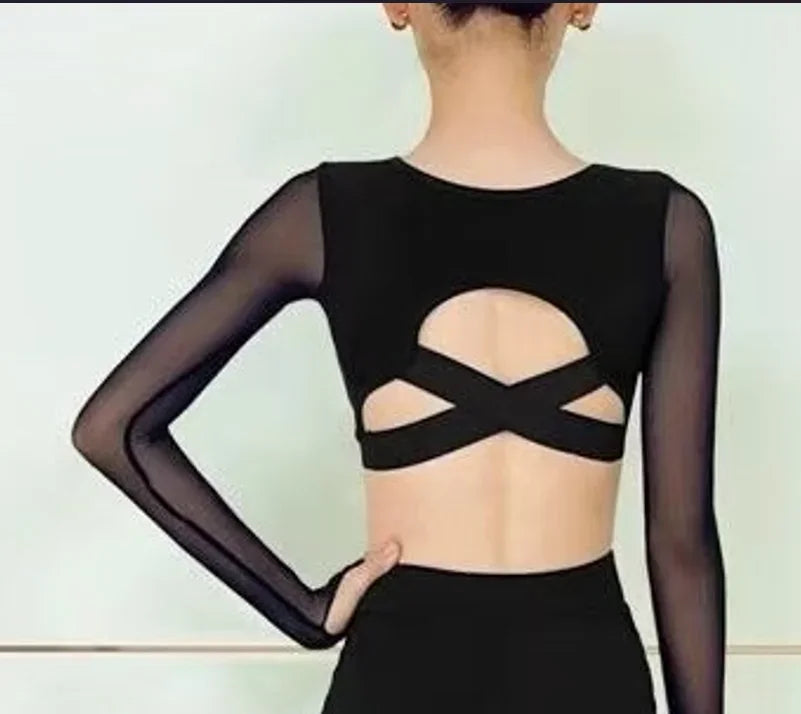 2025 Latin Dance Set Girls Black Long-sleeved Top Hollowed Out Bell-bottom Pants Moden Dance Cha Cha Samba Training Performance