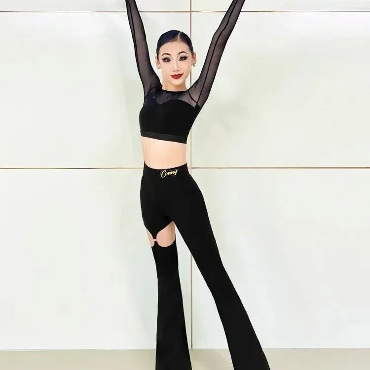 2025 Latin Dance Set Girls Black Long-sleeved Top Hollowed Out Bell-bottom Pants Moden Dance Cha Cha Samba Training Performance