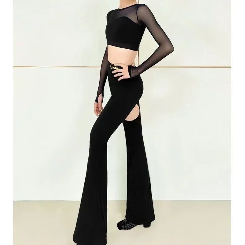 2025 Latin Dance Set Girls Black Long-sleeved Top Hollowed Out Bell-bottom Pants Moden Dance Cha Cha Samba Training Performance