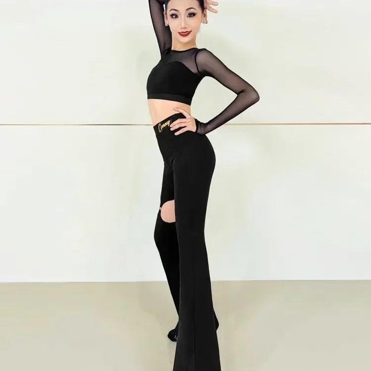 2025 Latin Dance Set Girls Black Long-sleeved Top Hollowed Out Bell-bottom Pants Moden Dance Cha Cha Samba Training Performance