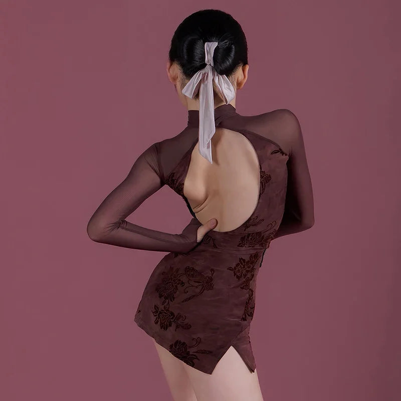 2025 New Girls Latin Dance Dress Practice Clothing Long Sleeves Skirt Kids Rumba Cha Cha Tango Dance Clothes Competition Dress