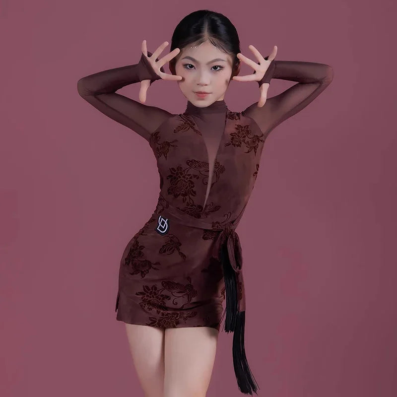 2025 New Girls Latin Dance Dress Practice Clothing Long Sleeves Skirt Kids Rumba Cha Cha Tango Dance Clothes Competition Dress