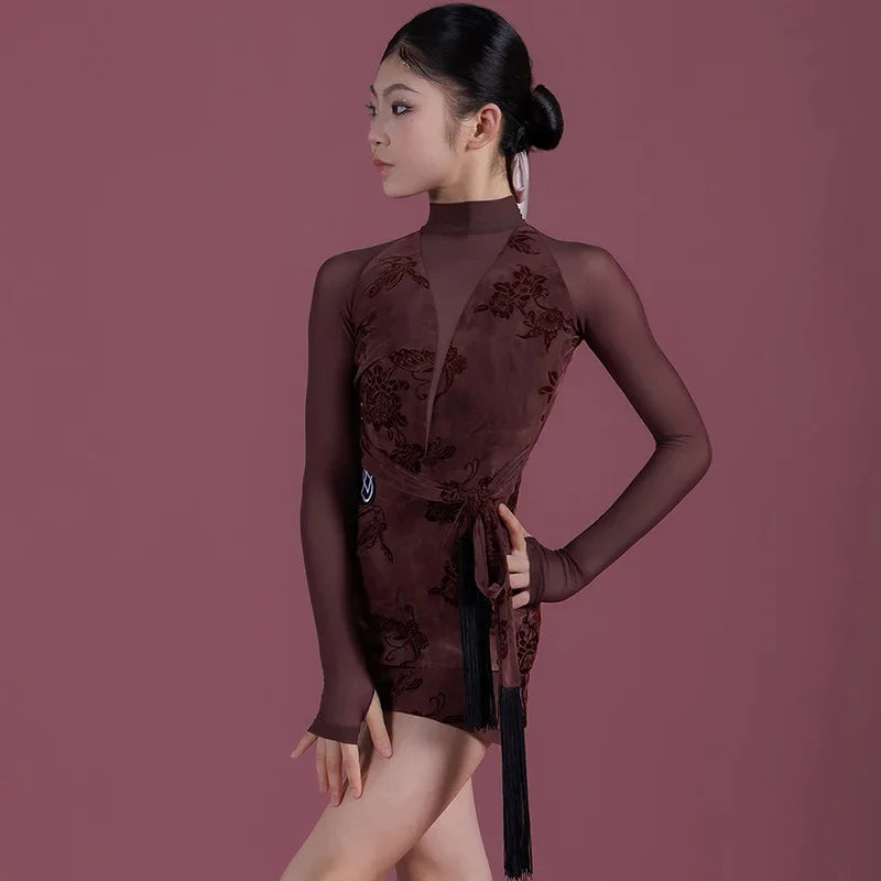 2025 New Girls Latin Dance Dress Practice Clothing Long Sleeves Skirt Kids Rumba Cha Cha Tango Dance Clothes Competition Dress