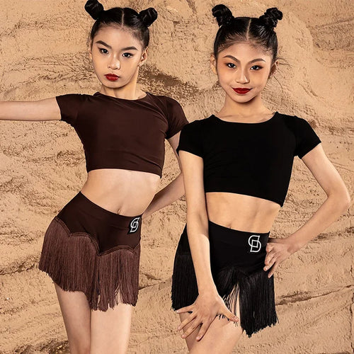 2025 New Summer Girls Latin Dance Set Clothes Kids Latin Dancing Black Fringed Skirt Cha Cha Rumba Samba Dance Practice Clothing