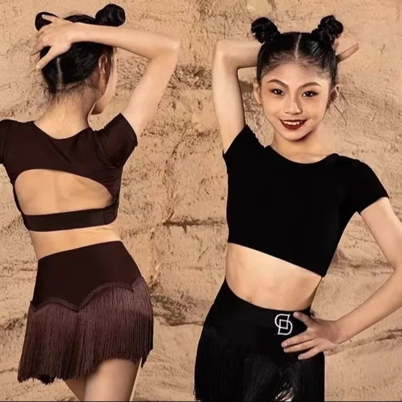 2025 New Summer Girls Latin Dance Set Clothes Kids Latin Dancing Black Fringed Skirt Cha Cha Rumba Samba Dance Practice Clothing