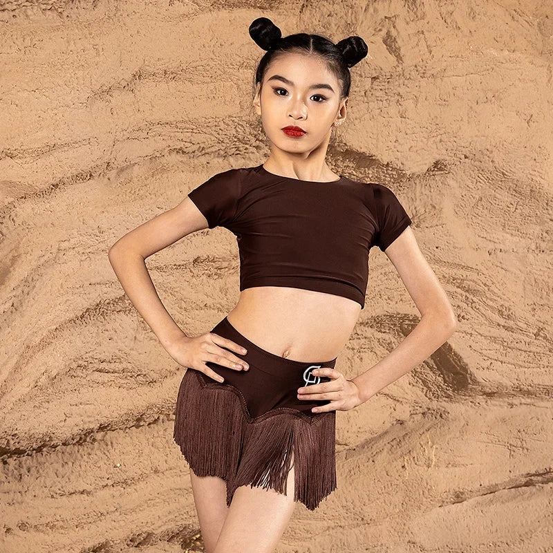 2025 New Summer Girls Latin Dance Set Clothes Kids Latin Dancing Black Fringed Skirt Cha Cha Rumba Samba Dance Practice Clothing