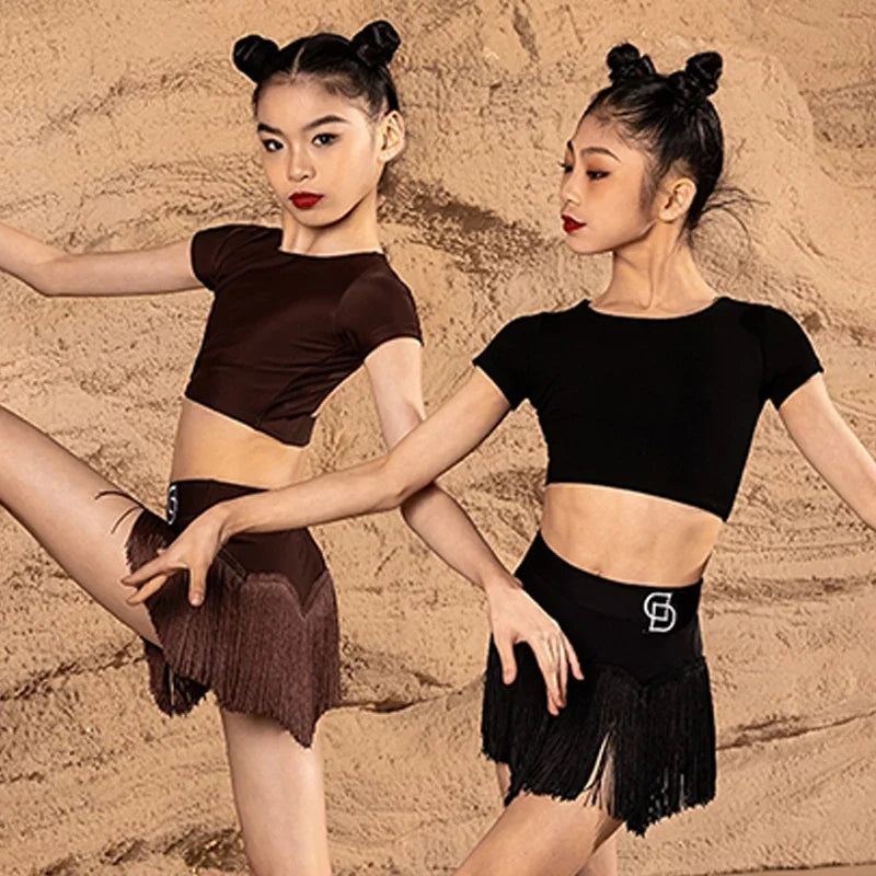 2025 New Summer Girls Latin Dance Set Clothes Kids Latin Dancing Black Fringed Skirt Cha Cha Rumba Samba Dance Practice Clothing