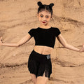 2025 New Summer Girls Latin Dance Set Clothes Kids Latin Dancing Black Fringed Skirt Cha Cha Rumba Samba Dance Practice Clothing
