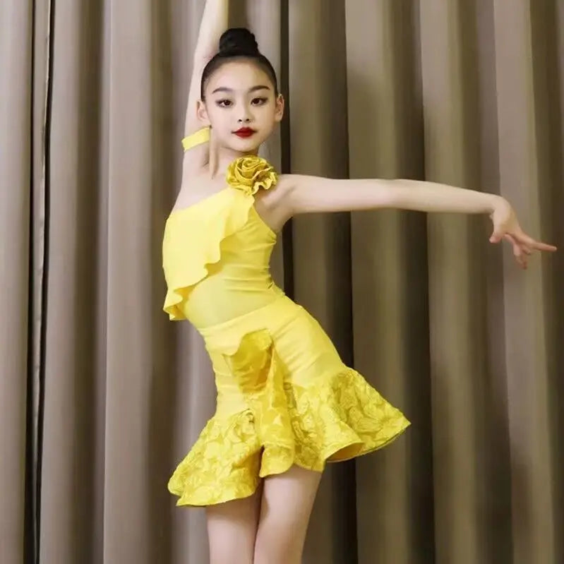 2025 Summer Child Latin Dance Dress for Girls One-shoulder Flower Skirt Cha-cha Samba Competition Practice Performance Clothing