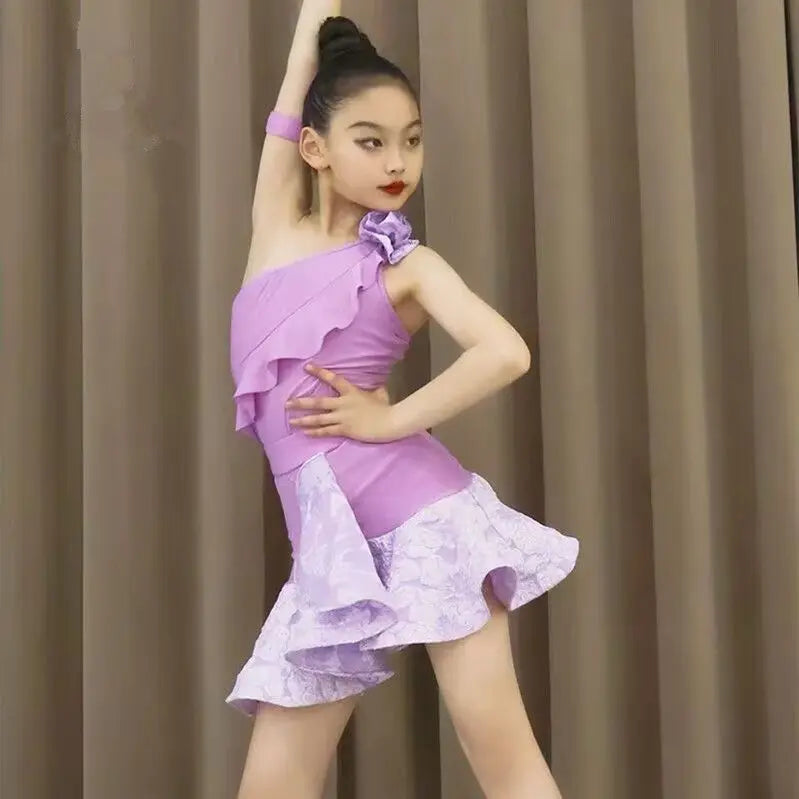 2025 Summer Child Latin Dance Dress for Girls One-shoulder Flower Skirt Cha-cha Samba Competition Practice Performance Clothing