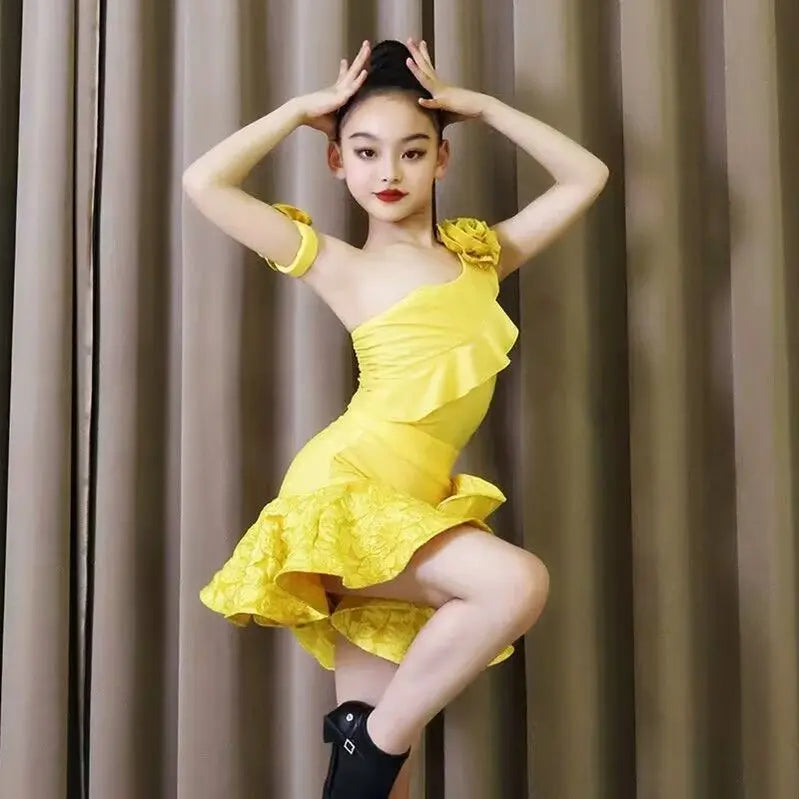 2025 Summer Child Latin Dance Dress for Girls One-shoulder Flower Skirt Cha-cha Samba Competition Practice Performance Clothing