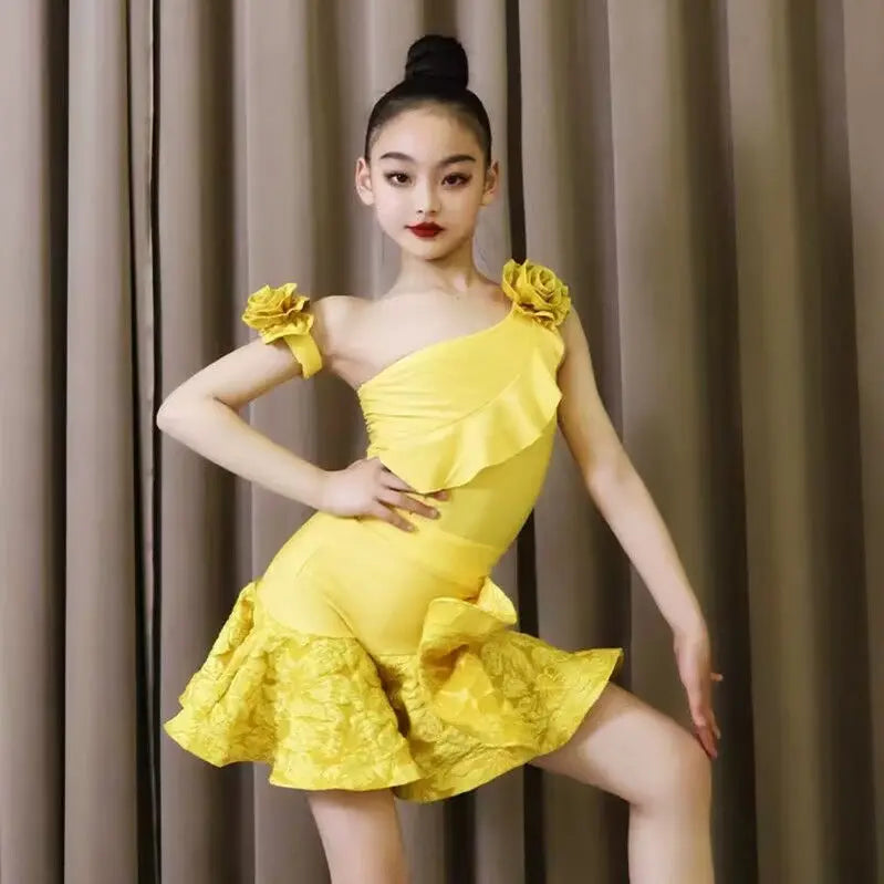 2025 Summer Child Latin Dance Dress for Girls One-shoulder Flower Skirt Cha-cha Samba Competition Practice Performance Clothing