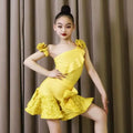 2025 Summer Child Latin Dance Dress for Girls One-shoulder Flower Skirt Cha-cha Samba Competition Practice Performance Clothing