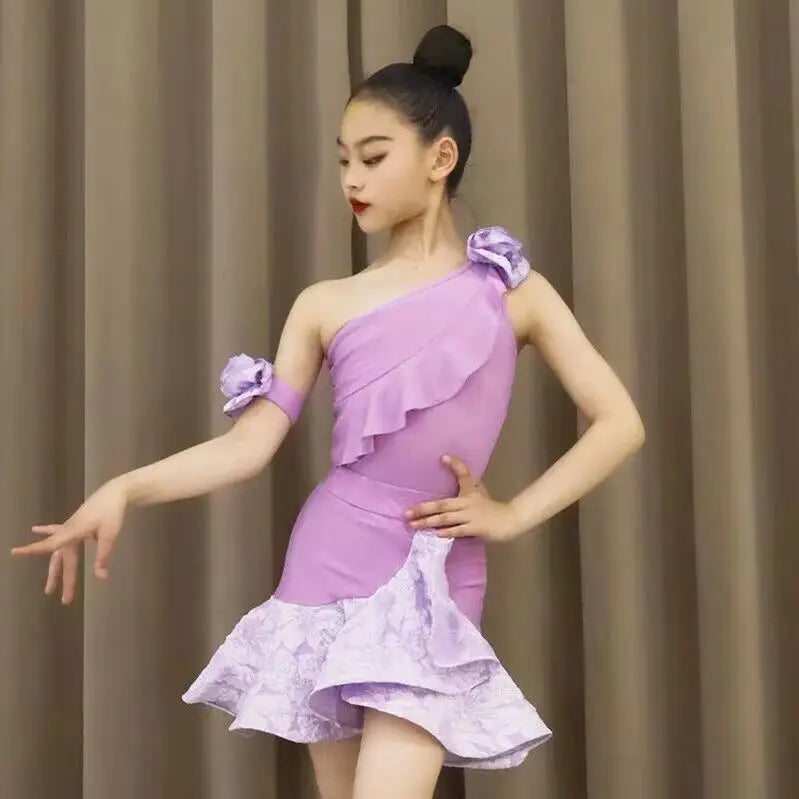 2025 Summer Child Latin Dance Dress for Girls One-shoulder Flower Skirt Cha-cha Samba Competition Practice Performance Clothing
