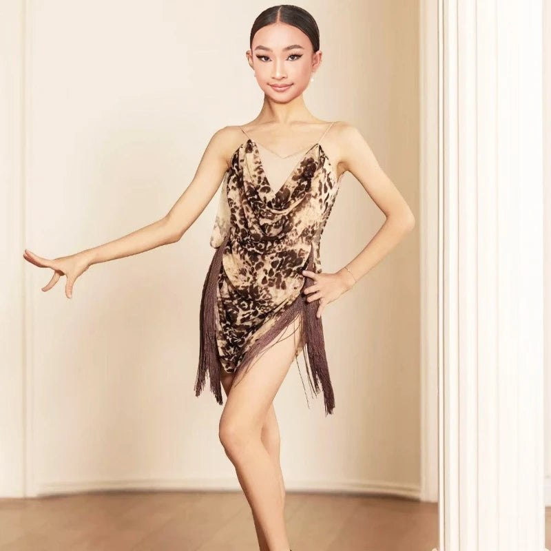 2025 Summer Kids Latin Dance Dress for Girls Leopard Dress Rumba Cha Cha Samba Dance Performance Clothes Practice Fringe Dress