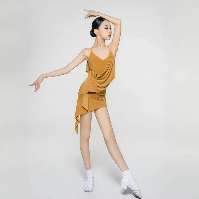 2025 Summer Latin Dance Dress Set for Girls Backless Practice Dress Tango Cha-cha Samba Rumba Flowing Halter Tops Diagonal Skirt