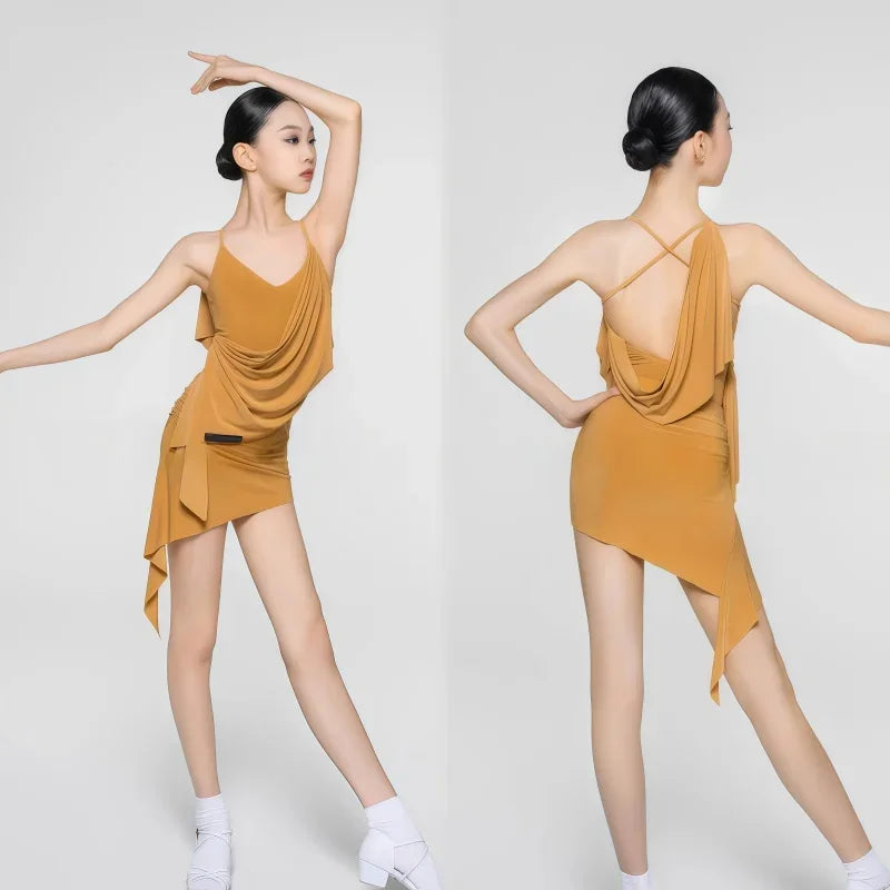 2025 Summer Latin Dance Dress Set for Girls Backless Practice Dress Tango Cha-cha Samba Rumba Flowing Halter Tops Diagonal Skirt