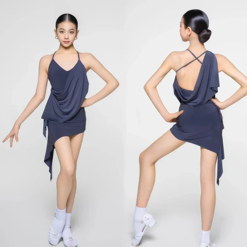 2025 Summer Latin Dance Dress Set for Girls Backless Practice Dress Tango Cha-cha Samba Rumba Flowing Halter Tops Diagonal Skirt