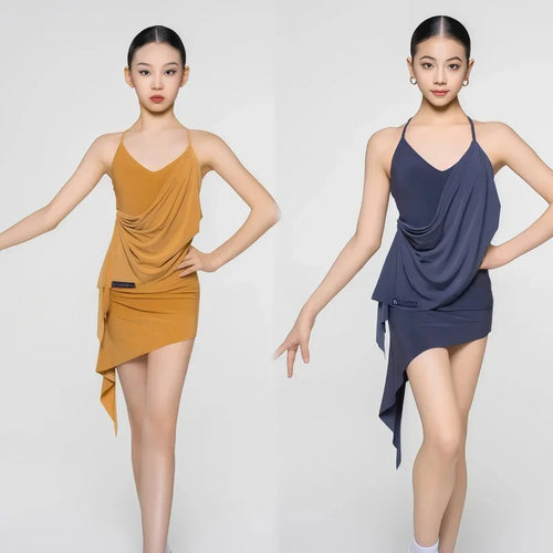 2025 Summer Latin Dance Dress Set for Girls Backless Practice Dress Tango Cha-cha Samba Rumba Flowing Halter Tops Diagonal Skirt
