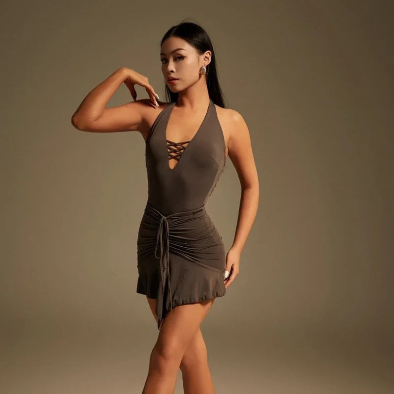 2025 Summer Sexy Latin Dance Clothing Women Samba Rumba Ballroom Dance Costume Cutout Latin Top Drawstring Skirt Training Set