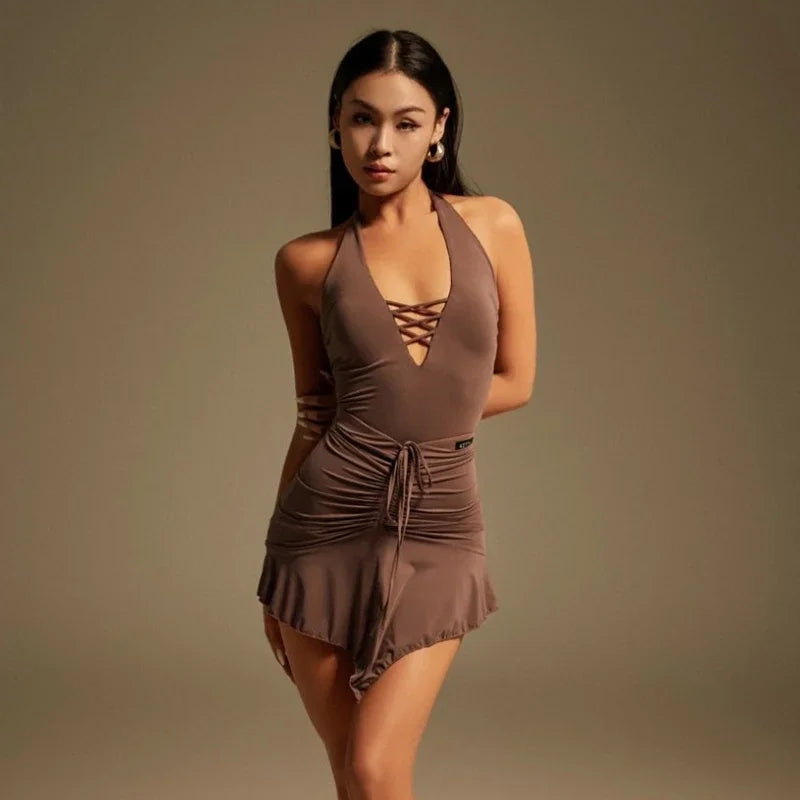 2025 Summer Sexy Latin Dance Clothing Women Samba Rumba Ballroom Dance Costume Cutout Latin Top Drawstring Skirt Training Set