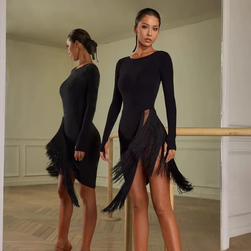 Adult Black Long Sleeve Backless Bodysuit Female Latin Dance Dress Leotard for Women Performance Cha Cha Samba Rumba Clothing
