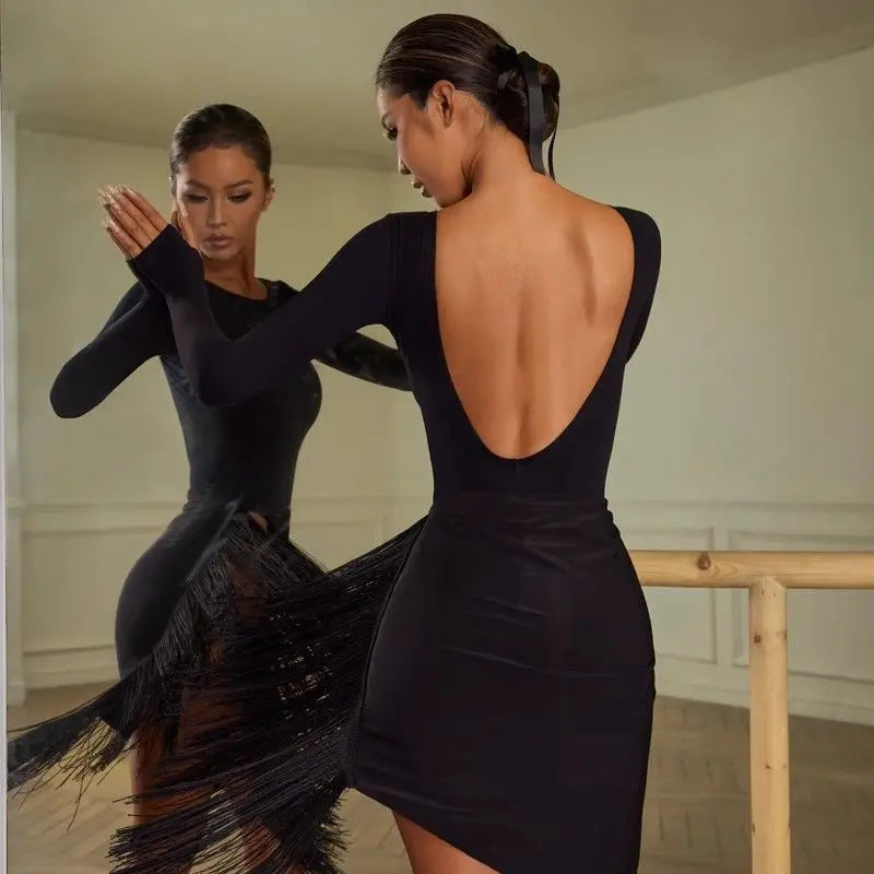 Adult Black Long Sleeve Backless Bodysuit Female Latin Dance Dress Leotard for Women Performance Cha Cha Samba Rumba Clothing