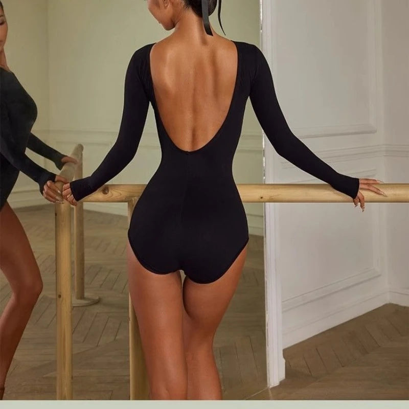 Adult Black Long Sleeve Backless Bodysuit Female Latin Dance Dress Leotard for Women Performance Cha Cha Samba Rumba Clothing
