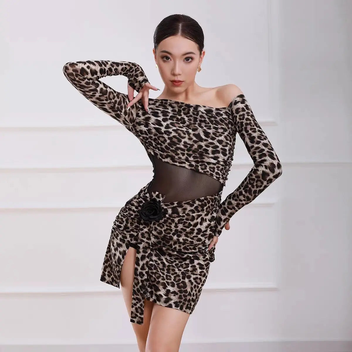 Adult Latin Dance Dress for Women Autumn Off-the-shoulder Mesh Long-sleeved Hip-hugging Skirt Practice Performance Costume