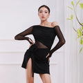 Adult Latin Dance Dress for Women Autumn Off-the-shoulder Mesh Long-sleeved Hip-hugging Skirt Practice Performance Costume
