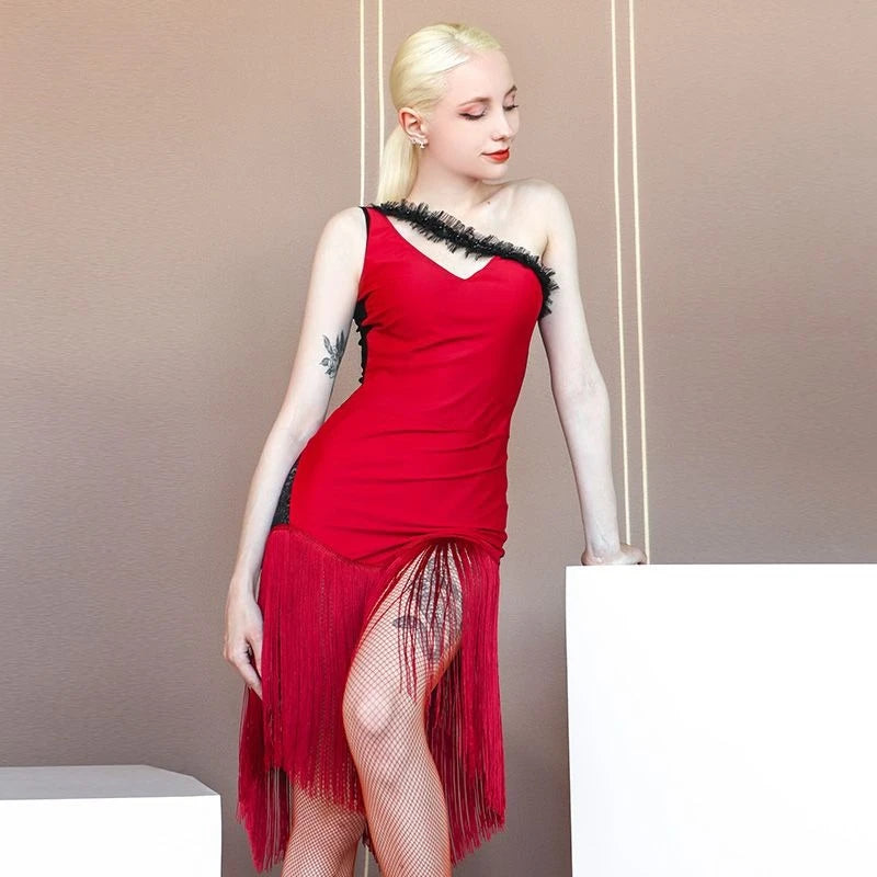 Adult Latin Dance Dress for Women Fringed Skirt Off-the-shoulder Sleeveless Cha Cha Ballroom Dance Training Costume 2025 Summer