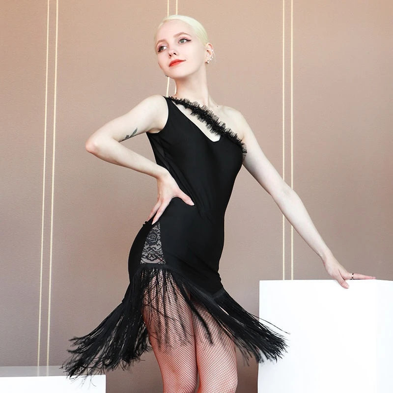 Adult Latin Dance Dress for Women Fringed Skirt Off-the-shoulder Sleeveless Cha Cha Ballroom Dance Training Costume 2025 Summer