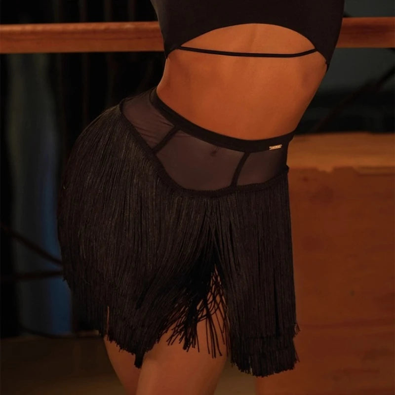 Adult Latin Dance Fringed Dress for Women Black Mesh Design Sexy Tassel Skirt Cha Cha Samba Training Stage Performance Costume