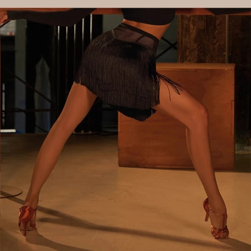 Adult Latin Dance Fringed Dress for Women Black Mesh Design Sexy Tassel Skirt Cha Cha Samba Training Stage Performance Costume