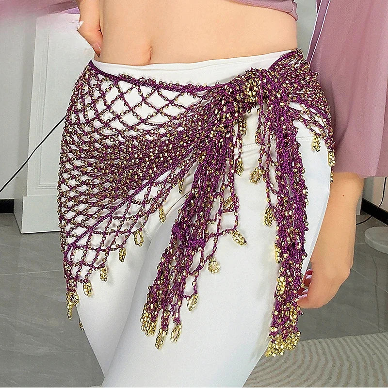 Belly Dance Waist Chain for Women's Handmade Fishing Net Triangle Scarf Oriental Dance Waist Scarf Hip Scarf Shawl Practice
