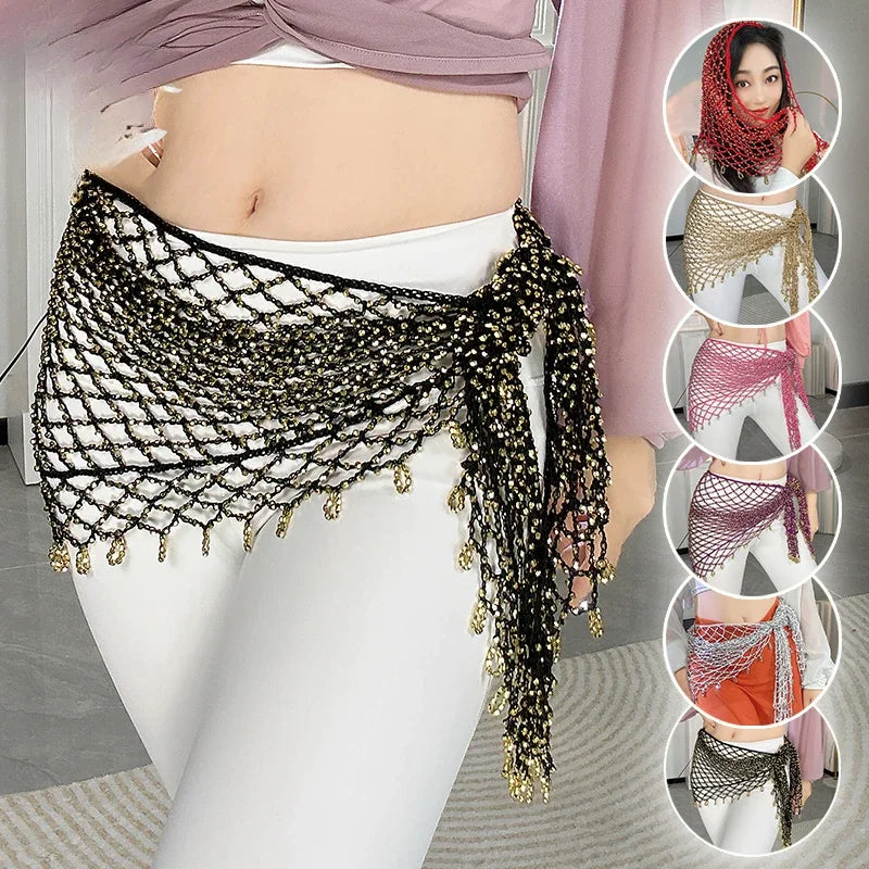 Belly Dance Waist Chain for Women's Handmade Fishing Net Triangle Scarf Oriental Dance Waist Scarf Hip Scarf Shawl Practice