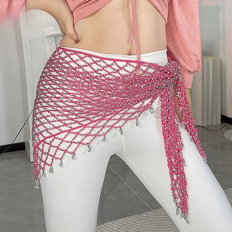 Belly Dance Waist Chain for Women's Handmade Fishing Net Triangle Scarf Oriental Dance Waist Scarf Hip Scarf Shawl Practice