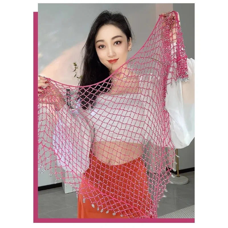 Belly Dance Waist Chain for Women's Handmade Fishing Net Triangle Scarf Oriental Dance Waist Scarf Hip Scarf Shawl Practice