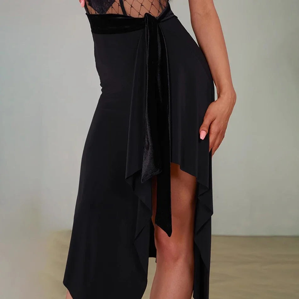 Belt and Irregular Black Latin Skirt Female Latin Dance Dress for Women Latino Costumes Modern Cha-cha Samba Dancing Dresses